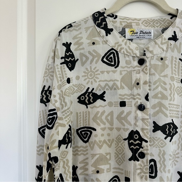 Vintage Two Potato Laguna Beach Men’s Shirt Band Collar Fish Ethnic Print Size L - Picture 3 of 11